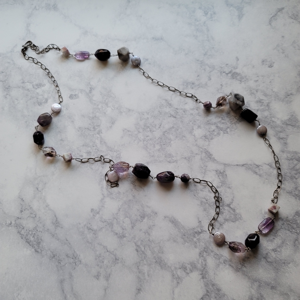Long Silver and Purple Stone Necklace